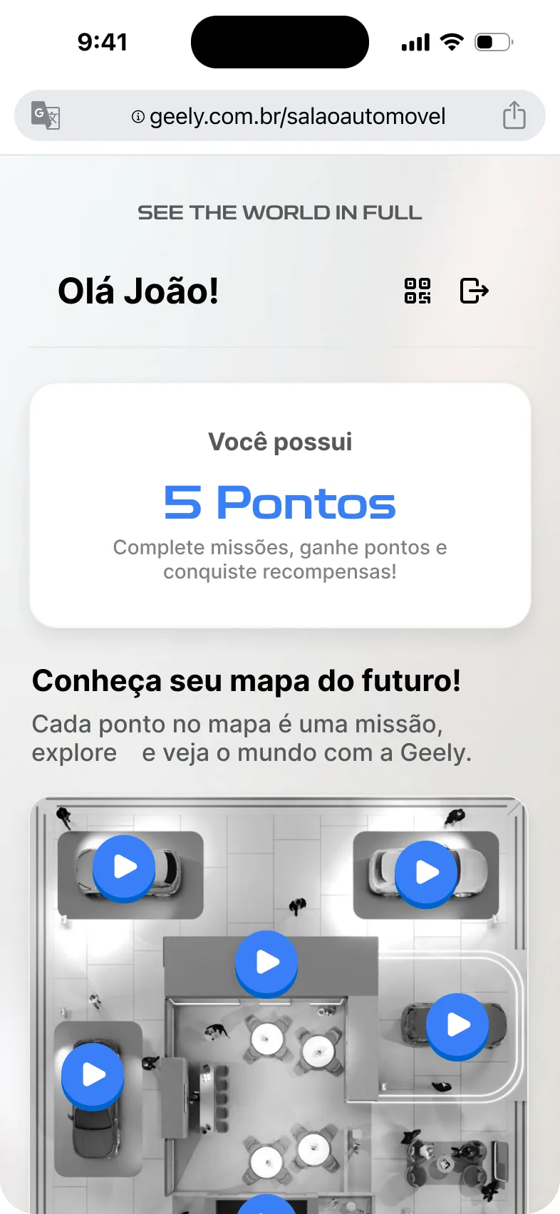 Mapa de missões do app da Geely no Salão do Automóvel