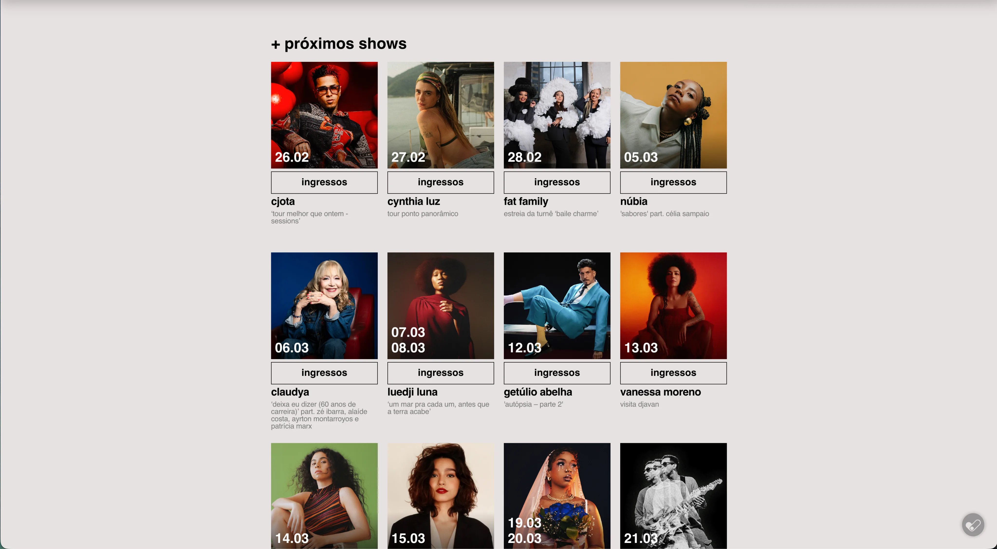 Grade de próximos shows no site da Casa Natura Musical