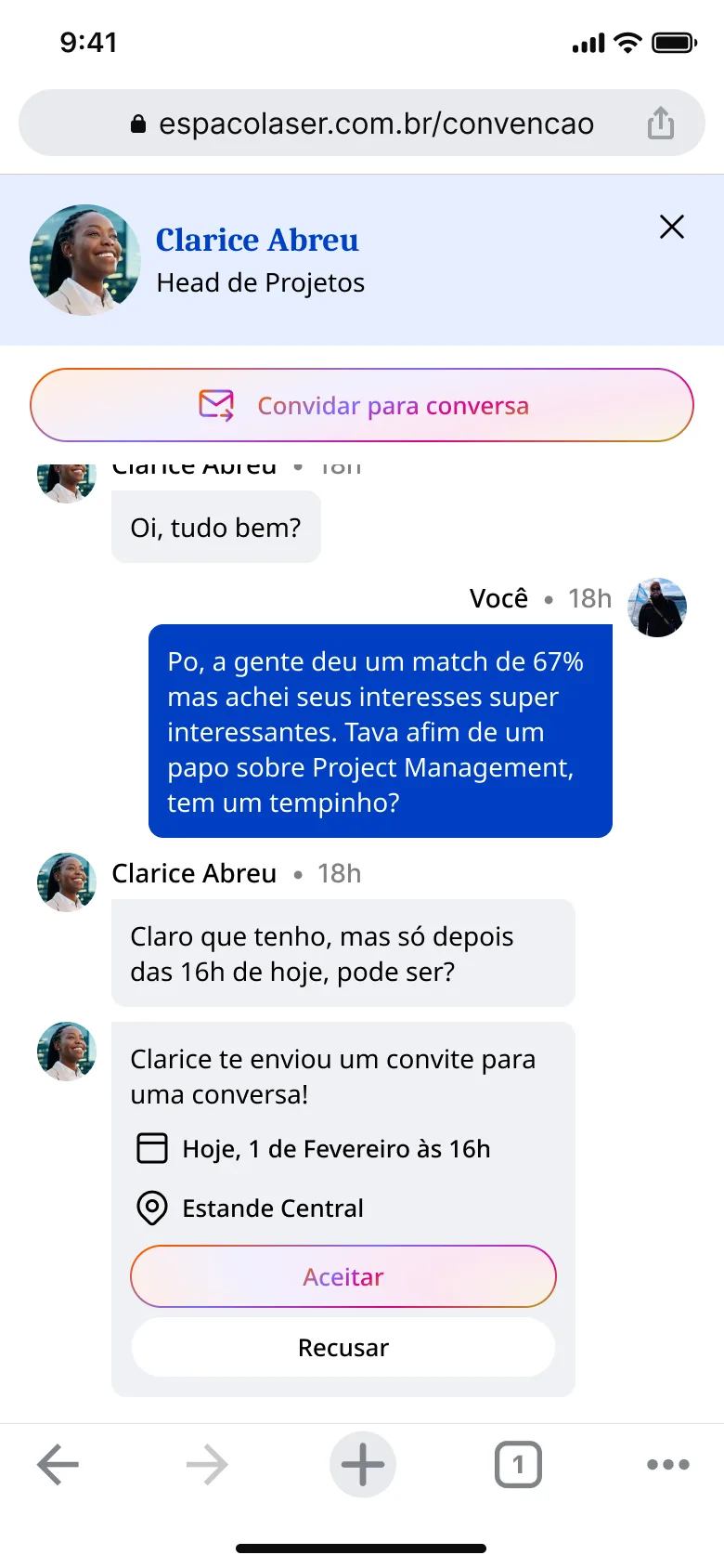 Chat de networking com convite para conversa