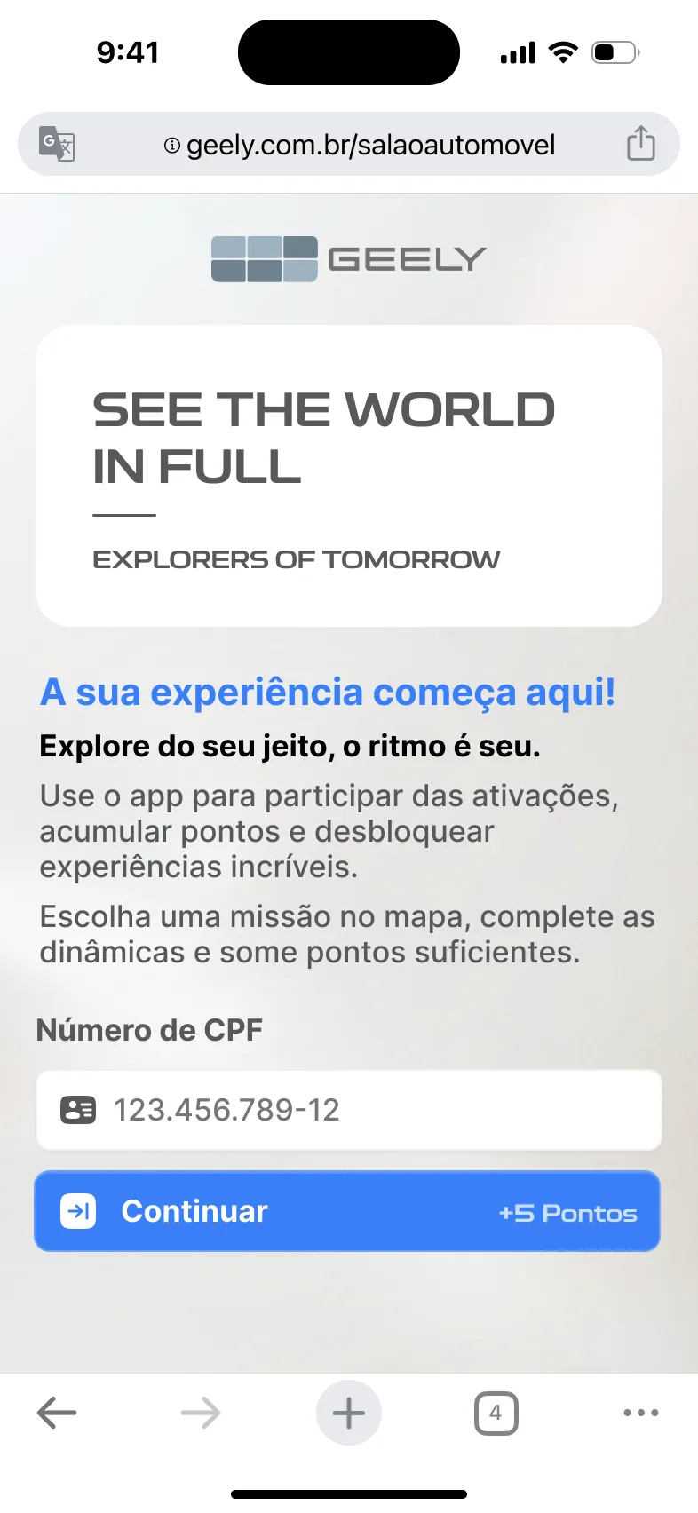 Cadastro por CPF no aplicativo do estande Geely