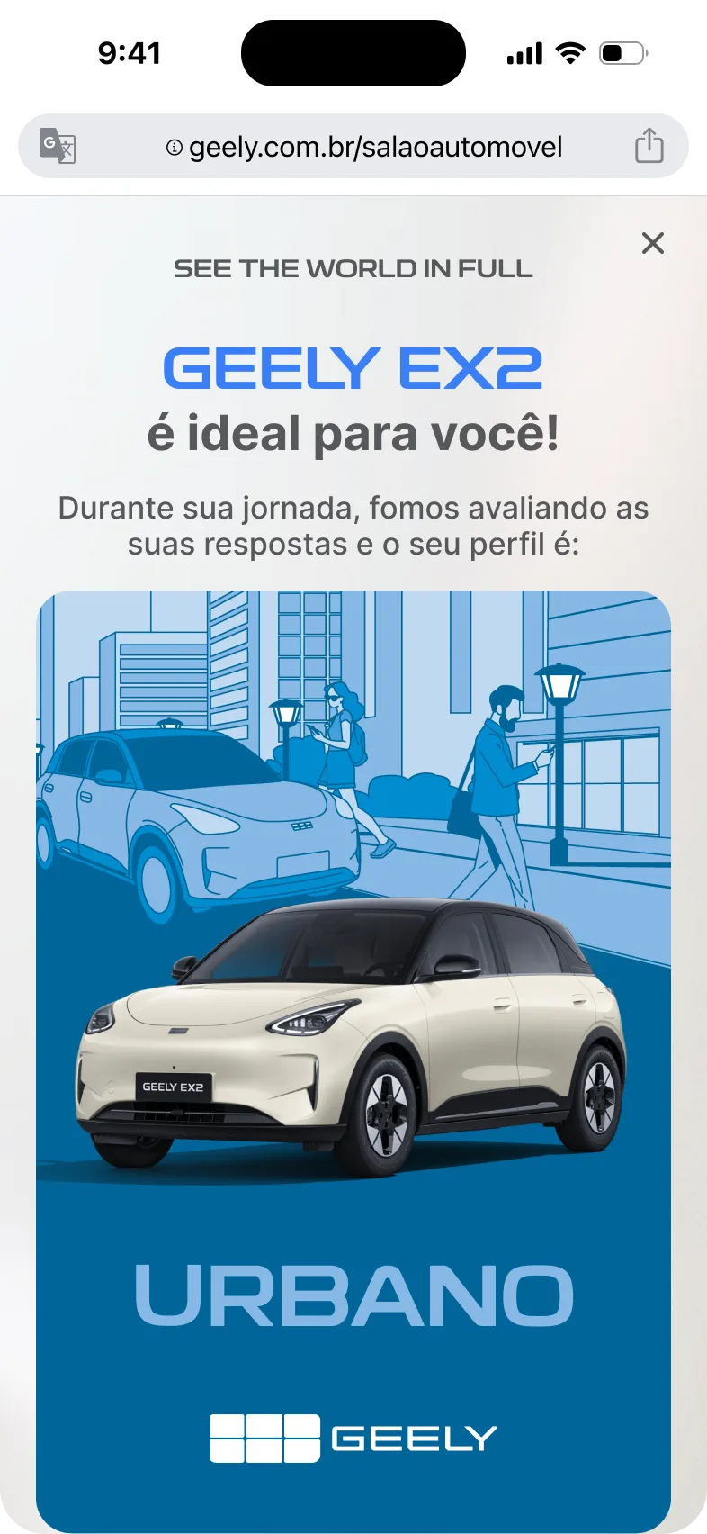 Resultado personalizado indicando o modelo Geely ideal