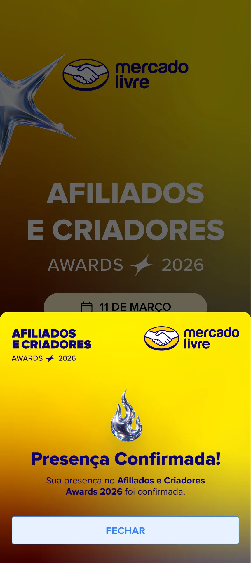 Tela de presença confirmada com ingresso digital