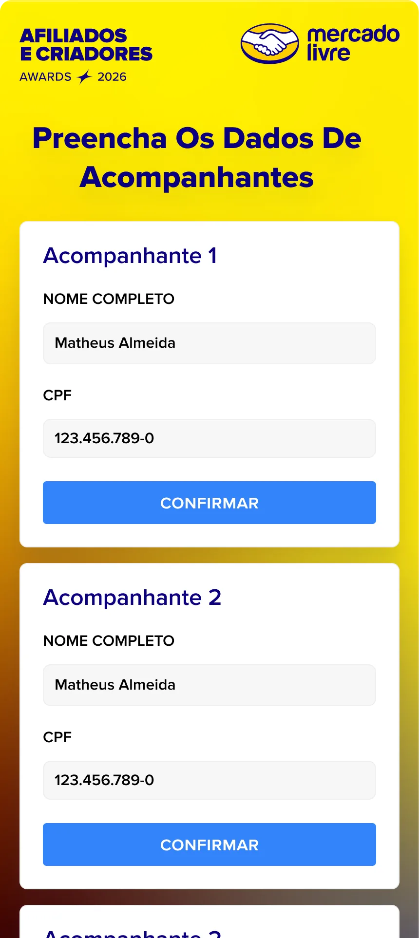 Formulário de cadastro de acompanhantes no RSVP